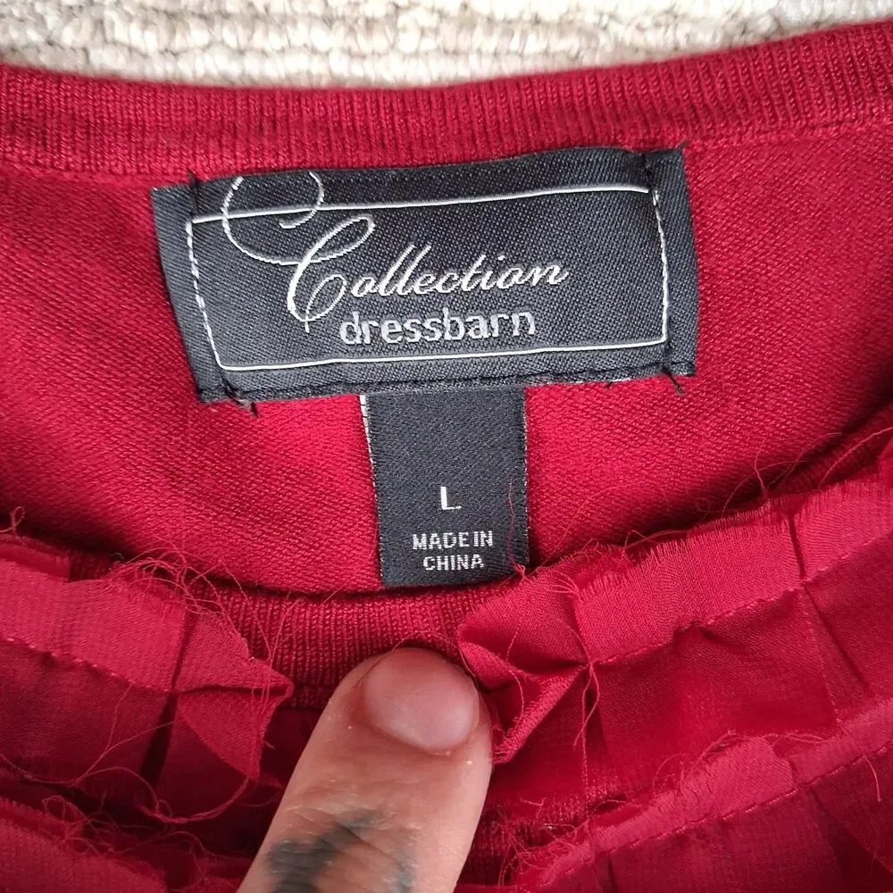 DRESSBARN COLLECTION RED SLEEVELESS ROSETTE RUFFLE SHELL TOP TANK BLOUSE L - Picture 3 of 9
